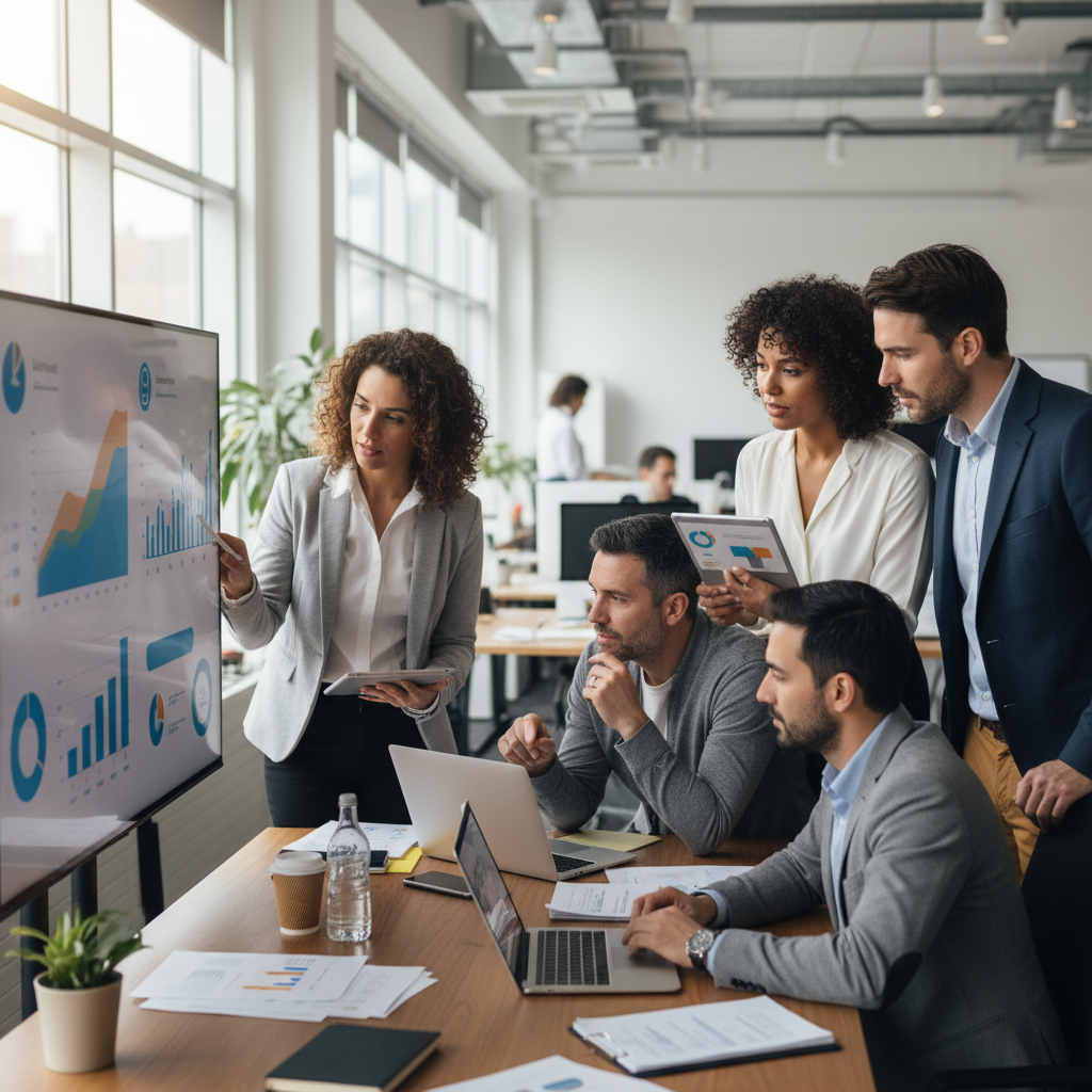 Equipo de marketing analizando dashboards de visibilidad en motores de inteligencia artificial