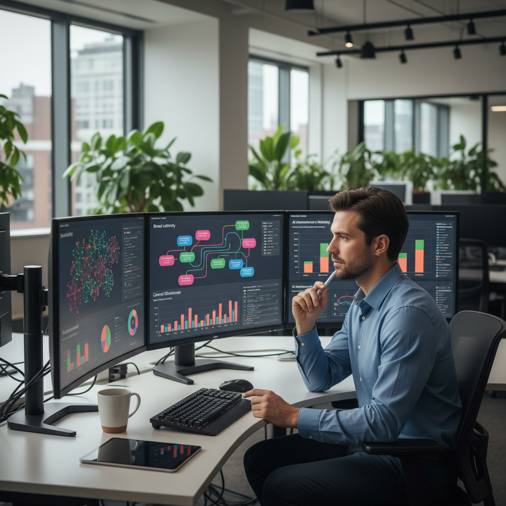 Analista revisando estrategia de contenidos y autoridad de marca para buscadores y asistentes de IA