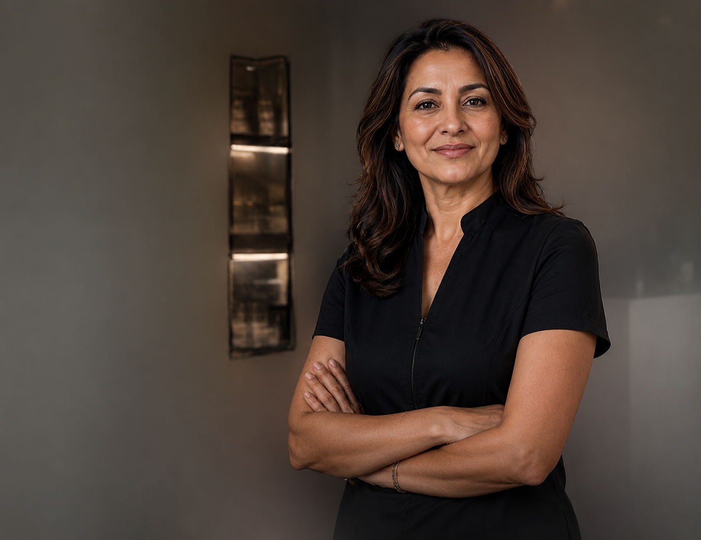 Experienced aesthetic clinic owner standing confidently inside her clinic