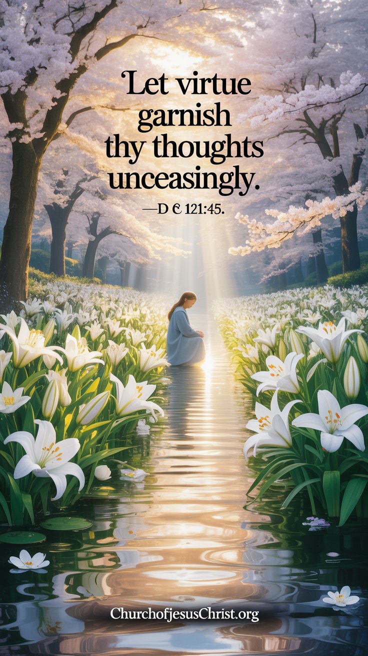 A reverent religious greeting card, perfect for expressing spiritual blessings, features a softly glowing river of light cascading through a tranquil garden of white lilies and blossoming pear trees, symbolizing purity and continual renewal. Delicate rays of golden sunlight filter through the branches, illuminating a solitary figure in quiet reflection near the water's edge, creating a serene and uplifting atmosphere with subtle, blurred bokeh in the background. The phrase "Let virtue garnish thy thoughts unceasingly. —D & C 121:45" appears at the top in a classic serif font, while “CHURCHOFJESUSCHRIST.ORG” is subtly displayed in a minimalist sans-serif font centered at the very bottom, ensuring a clean and balanced layout with ample space for a personalized message of faith and hope within a calming, spiritual aesthetic.