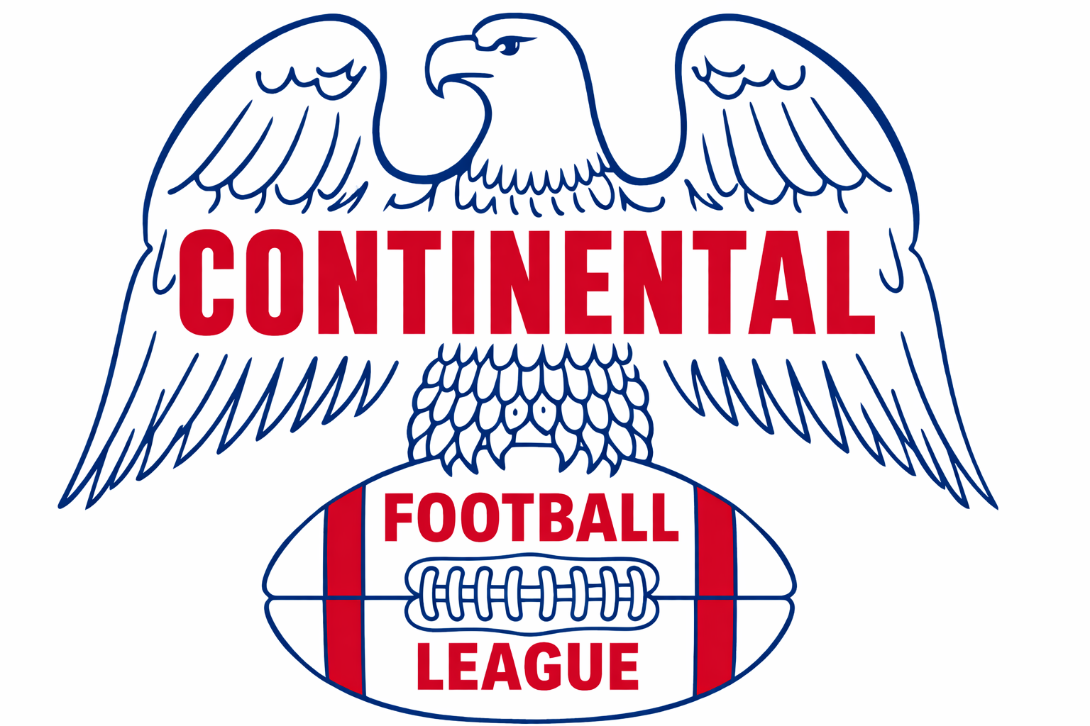 Continental Football League logo featuring a stylized eagle with outstretched wings above a football emblem with red and blue lettering on a white background. Continental Football League logo featuring a stylized eagle with outstretched wings above a football emblem with red and blue lettering on a white background.