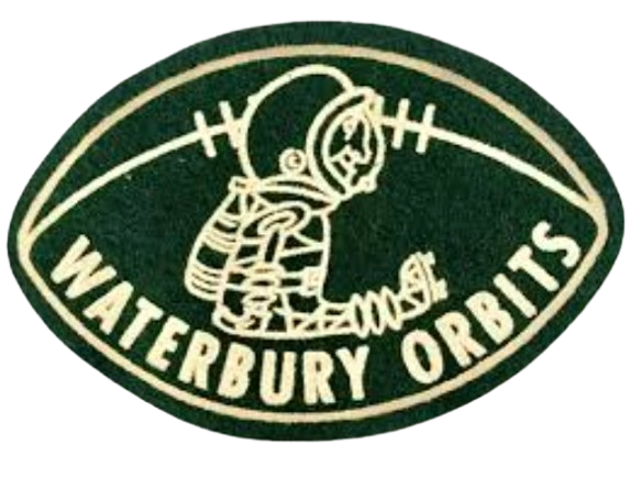 Vintage Waterbury Orbits football team logo featuring a cartoon astronaut inside a football-shaped emblem with the text “Waterbury Orbits.”