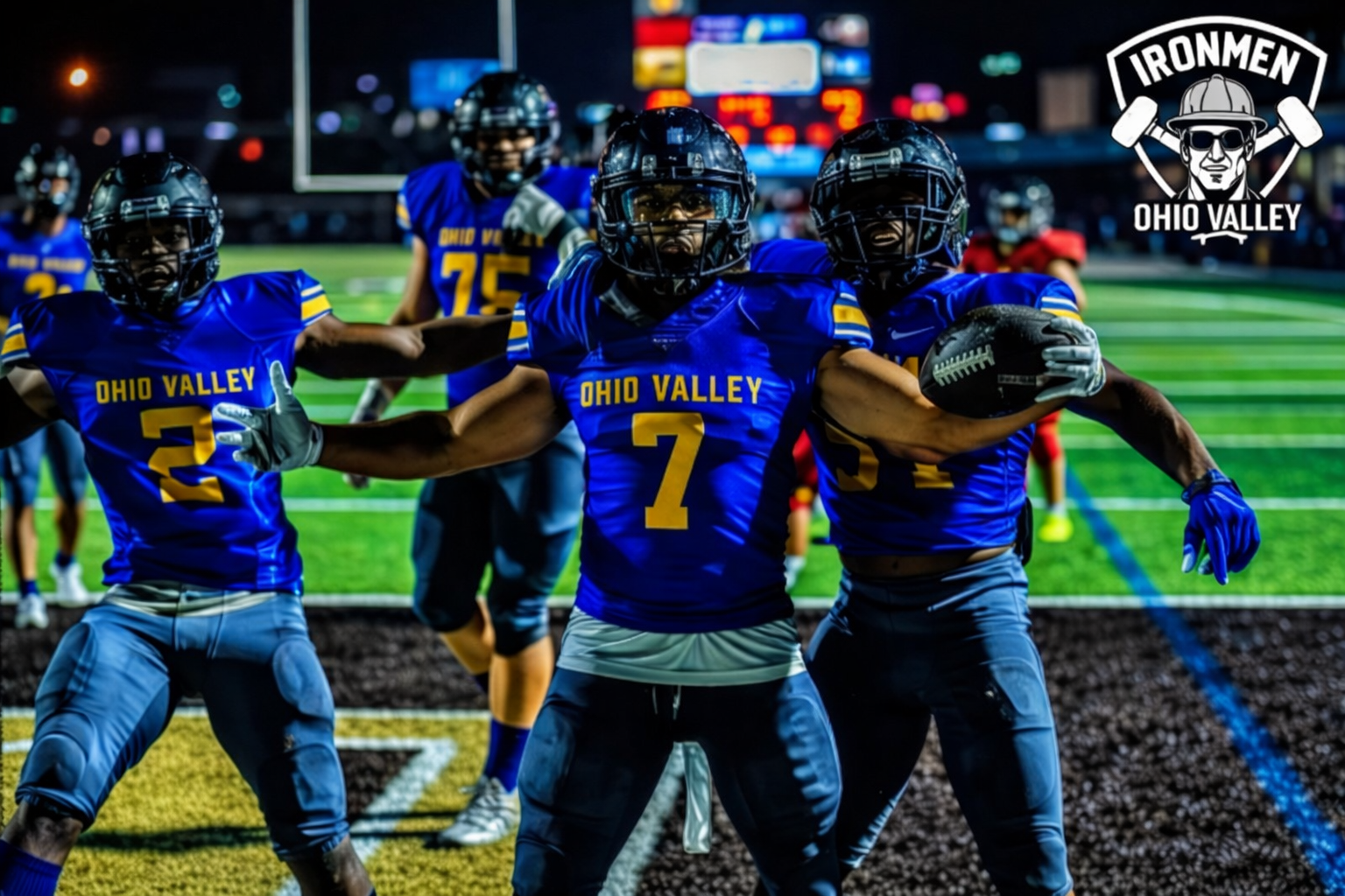 Ohio Valley Ironmen celebrating a big play for the WTRF broadcast