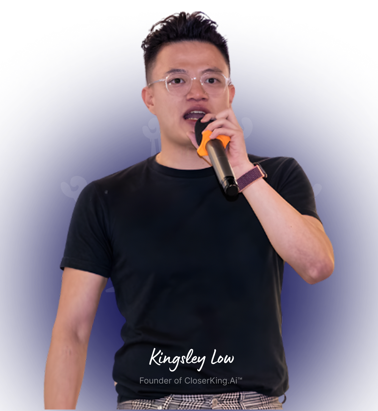 Kingsley Low is wearing Black T-shirt