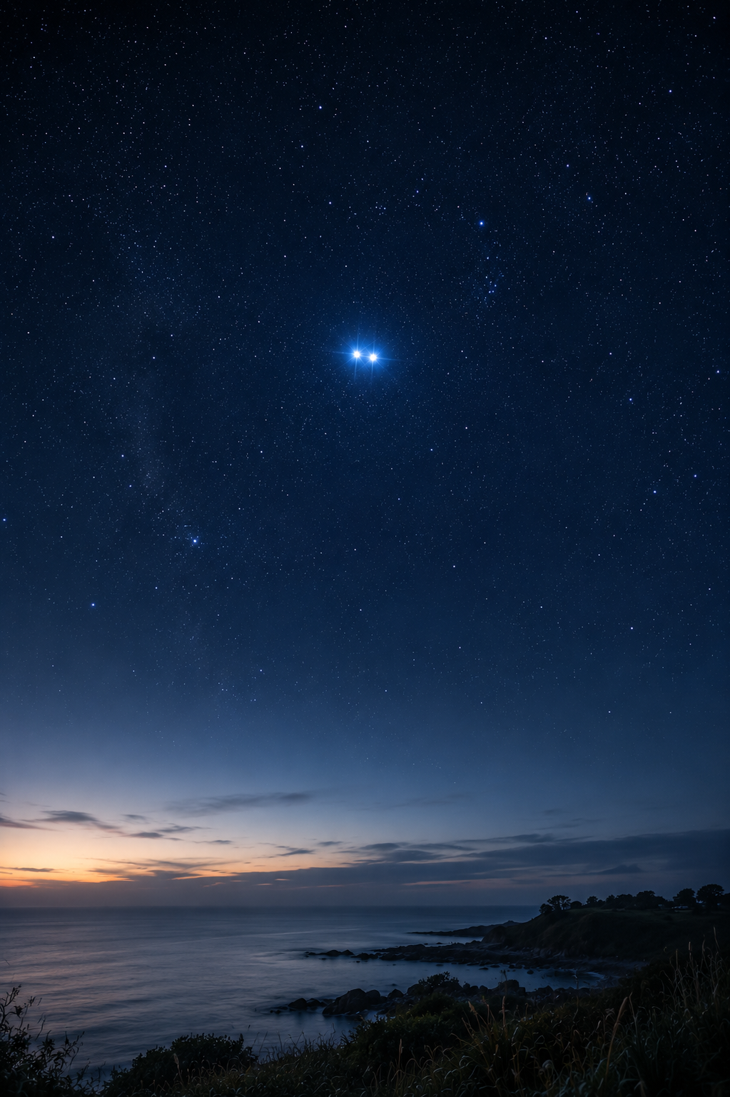 Two blue stars above a quiet coastal horizon