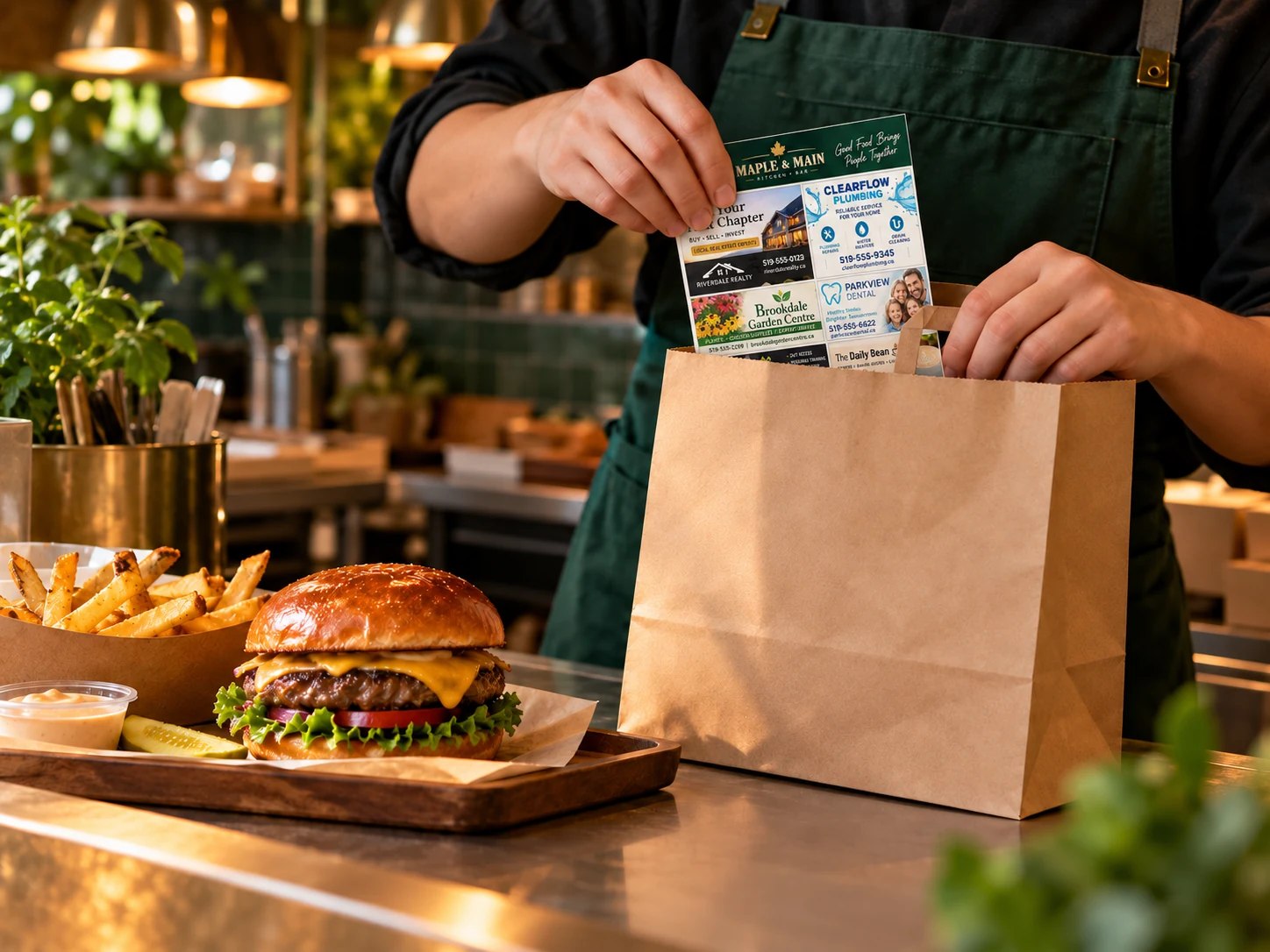 A Townside takeout card with local advertisements being placed in a restaurant bag