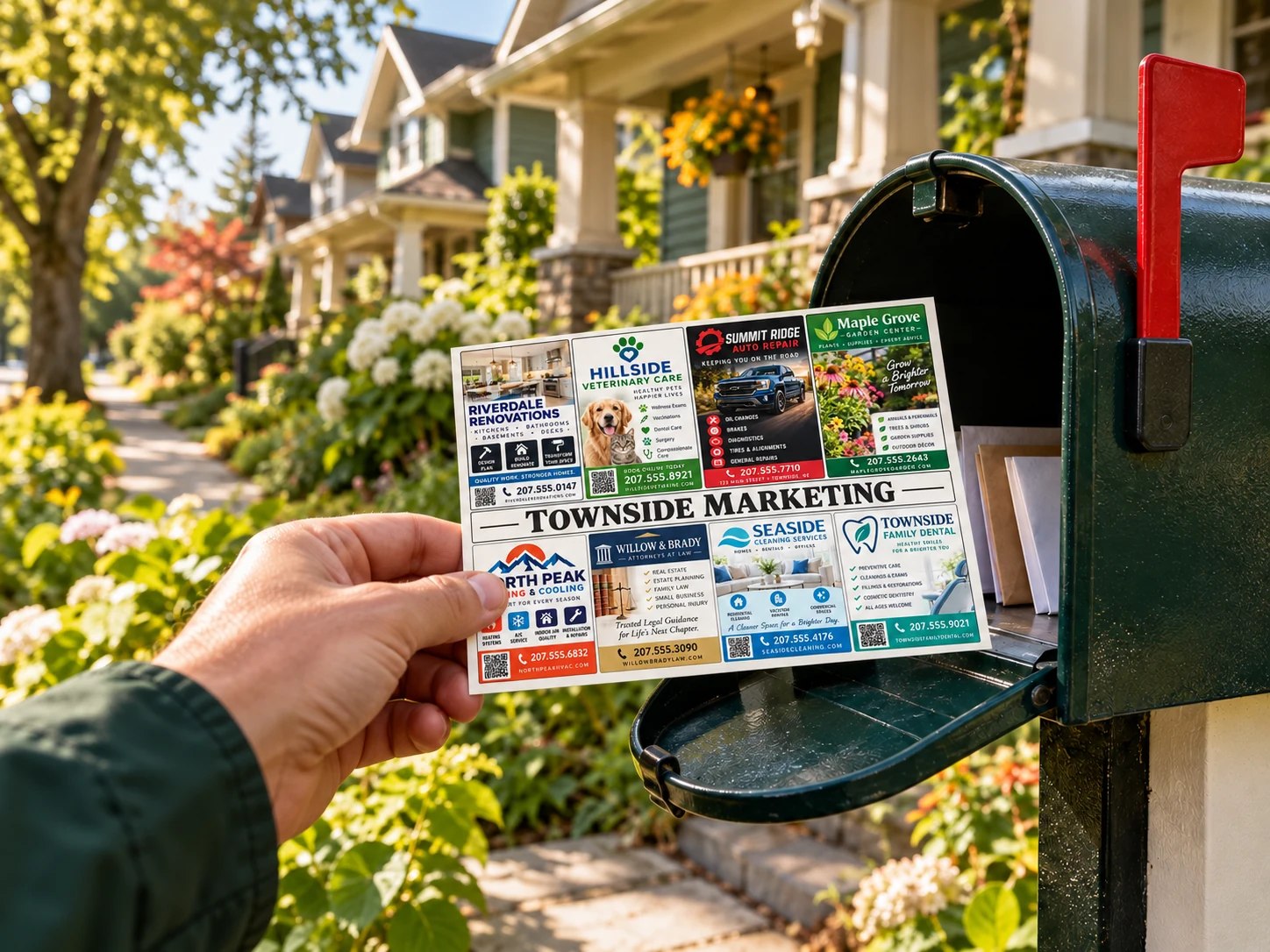 A Townside Marketing community card with local business offers beside a residential mailbox