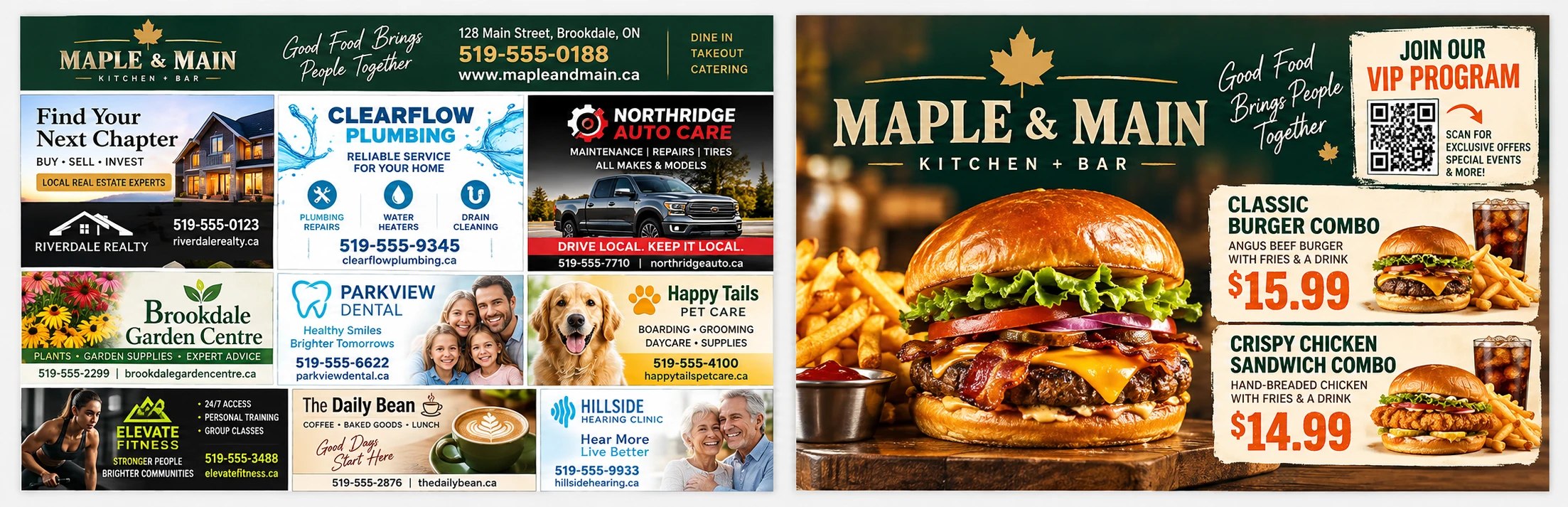 Sample takeout insert with a Maple and Main restaurant strip and photo-led local business ads