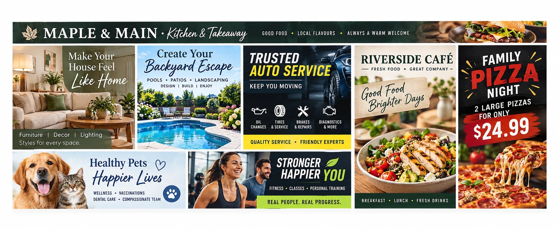 Sample Townside Marketing community card featuring photo-led advertisements from local businesses