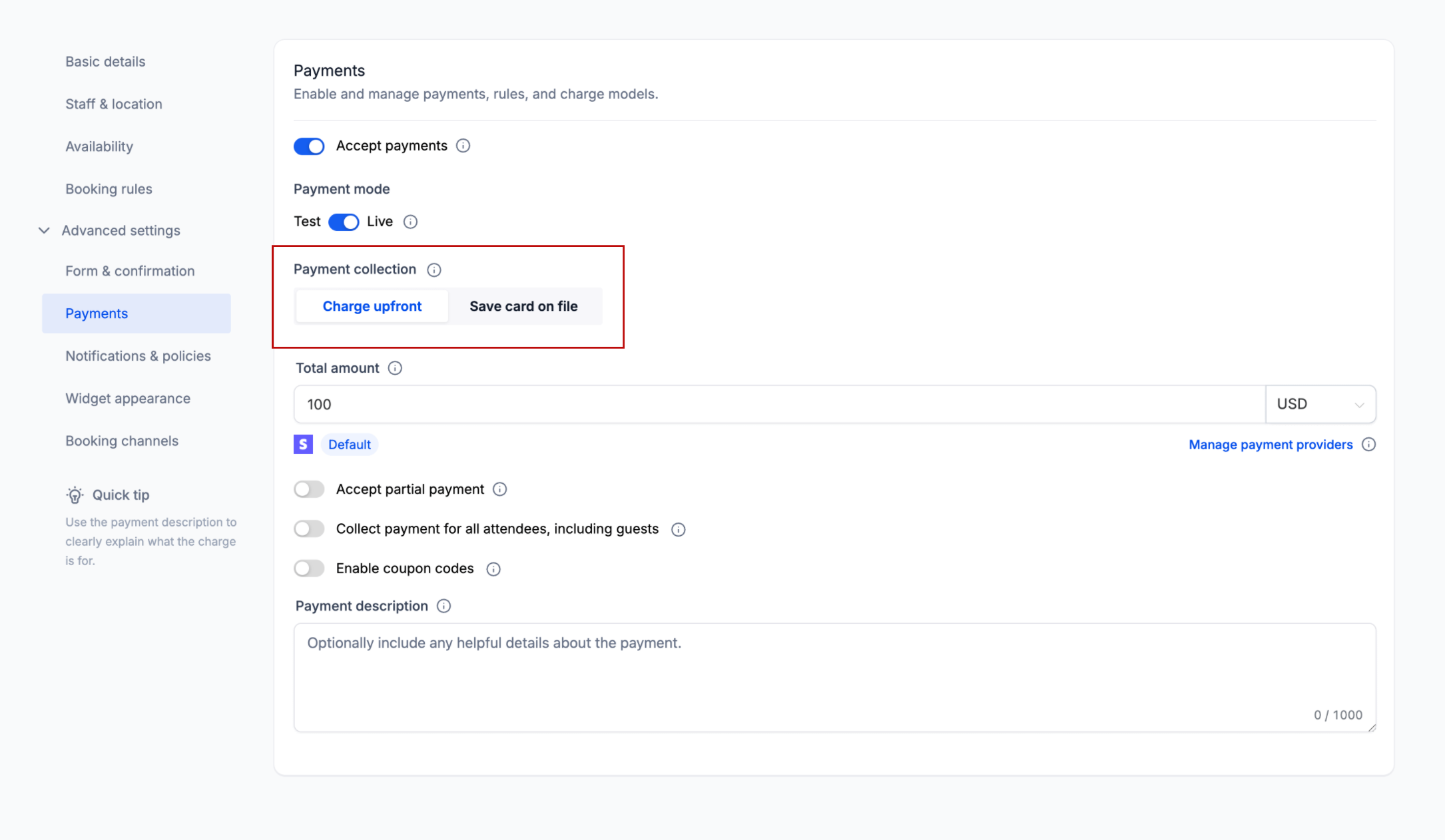 Calendar payment settings showing Collect Card on File as a separate option from Charge Upfront