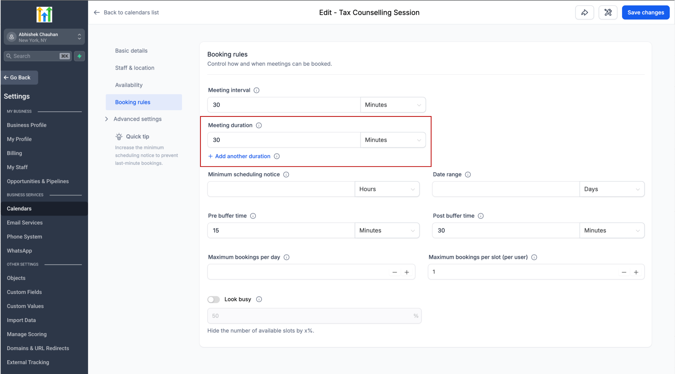 A booking page offering a choice of three meeting durations, with availability shown for the selected length