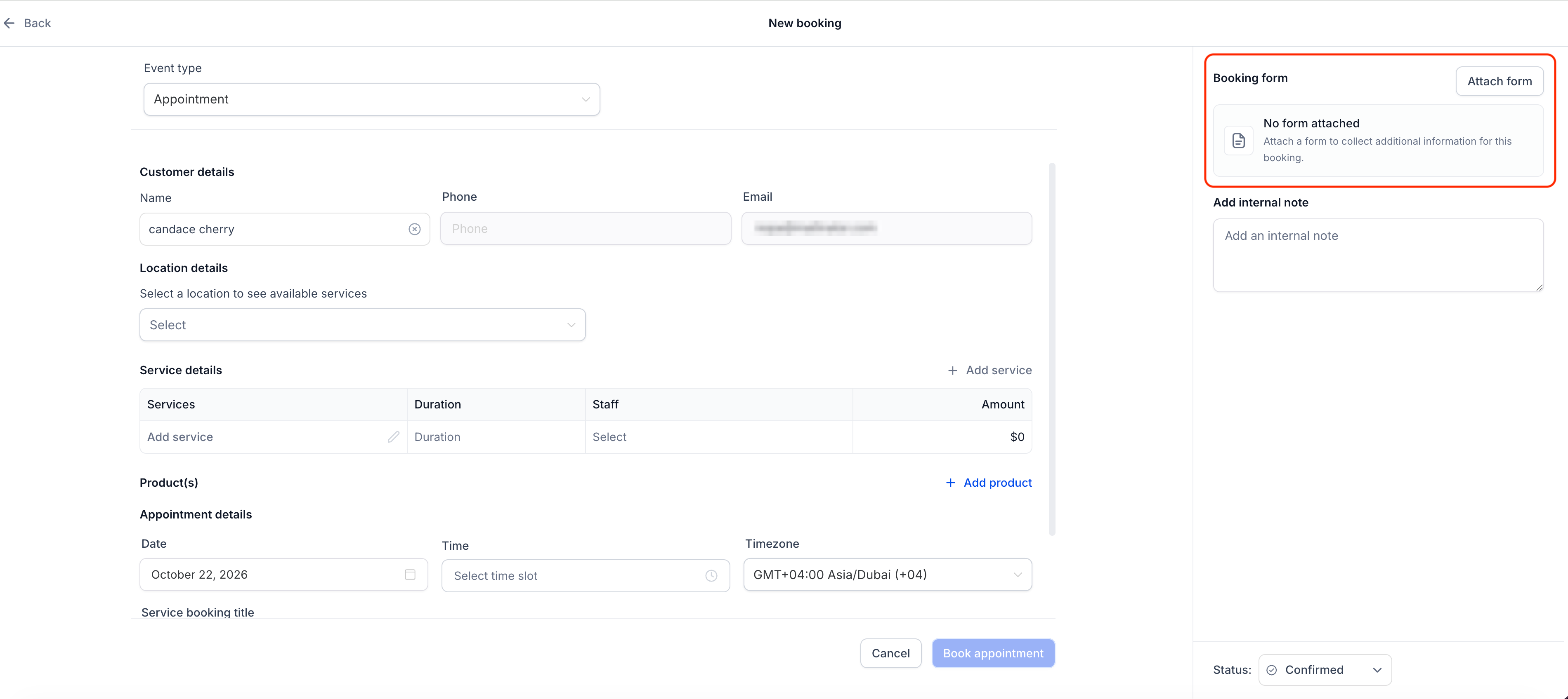 A new booking in the appointment window, with the Booking form panel and its Attach form button
