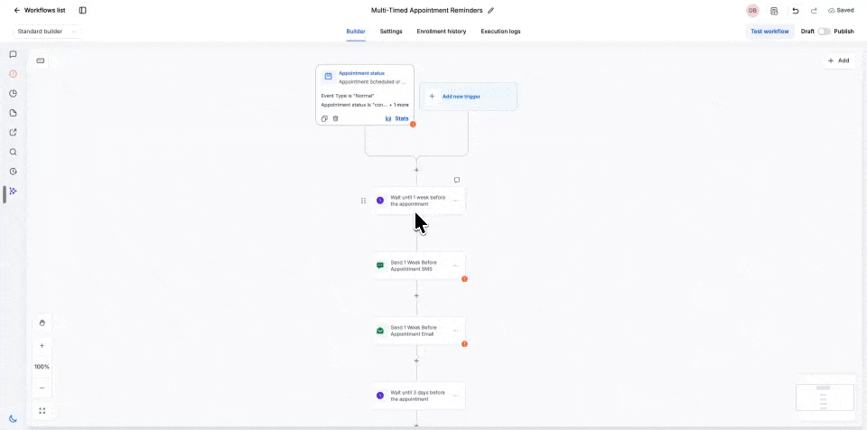 The Highlight Error sidebar in the workflow builder listing every validation error before publish