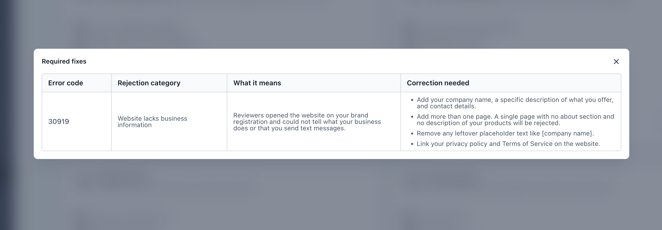 The Required fixes window explaining a rejected registration, with the error code, what it means and the corrections needed