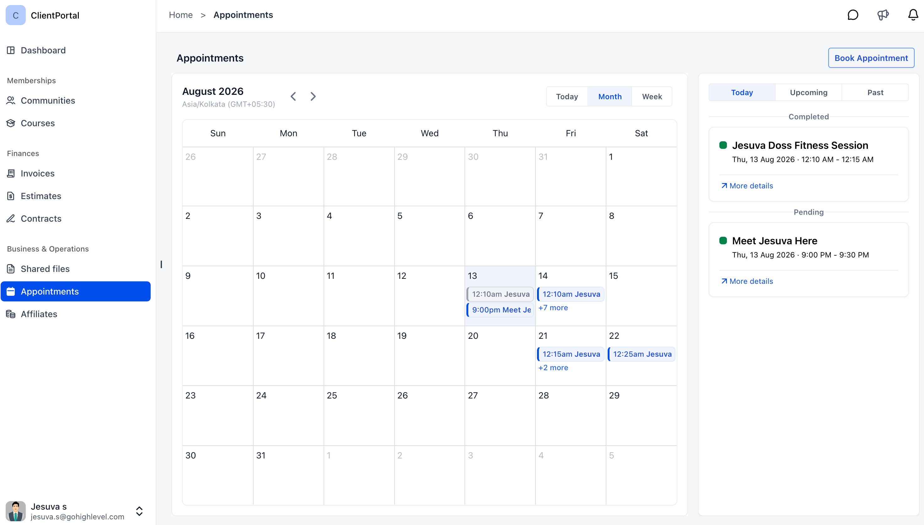 The Client Portal appointments view showing Today, Upcoming and Past bookings alongside a calendar