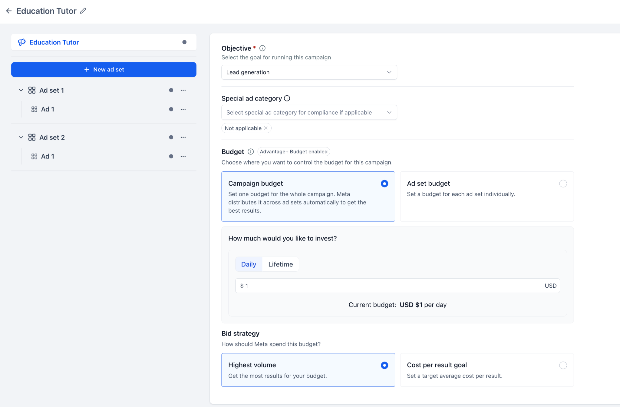 Meta campaign budget settings in Ad Manager, with campaign and ad set budget options, daily and lifetime amounts, and bid strategy choices