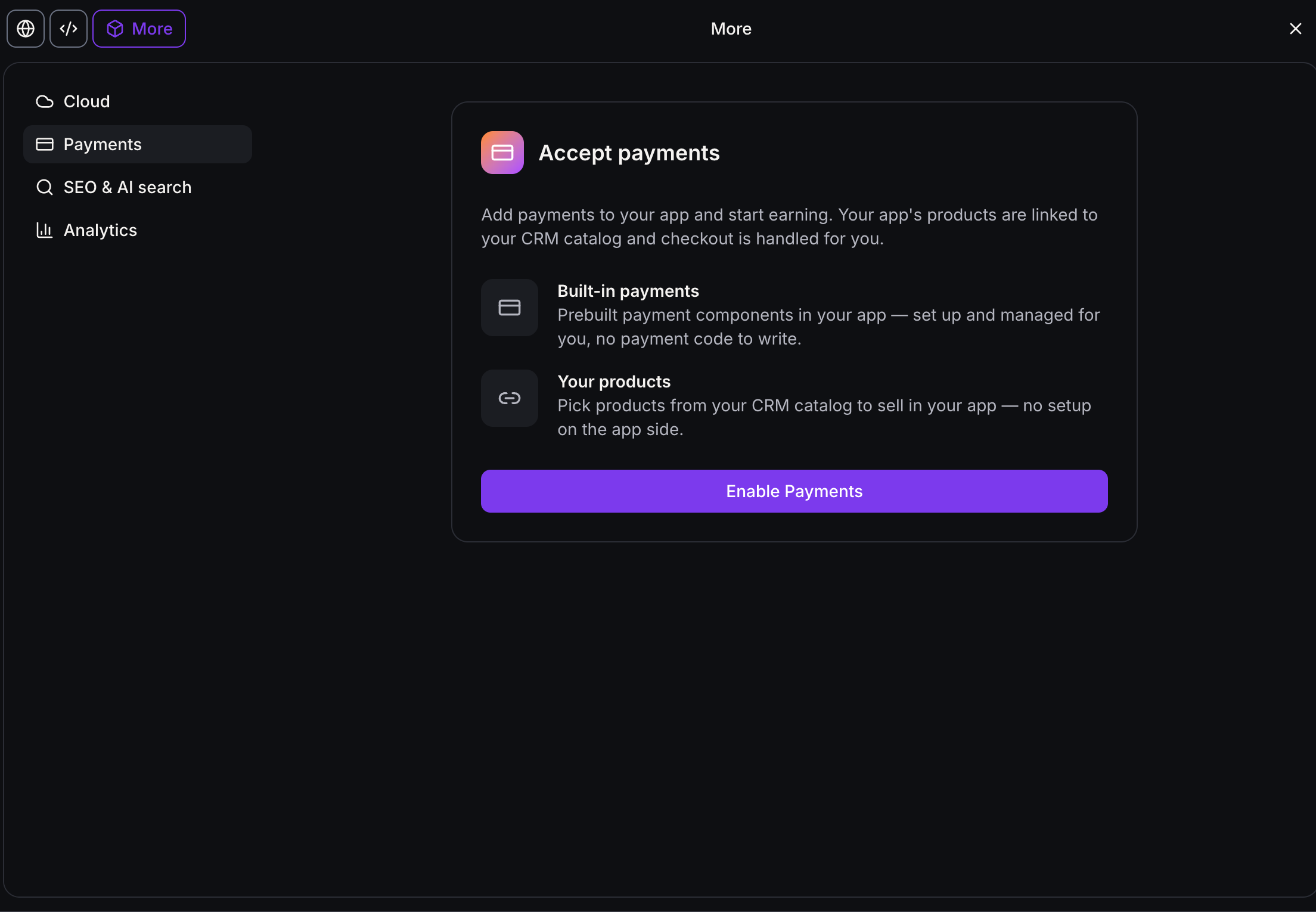 The Accept payments panel in AI Studio, linking an app’s products to the existing catalogue with checkout handled for you