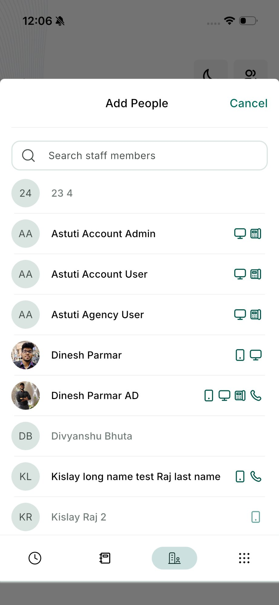 The call transfer screen showing available staff and the devices each can be reached on