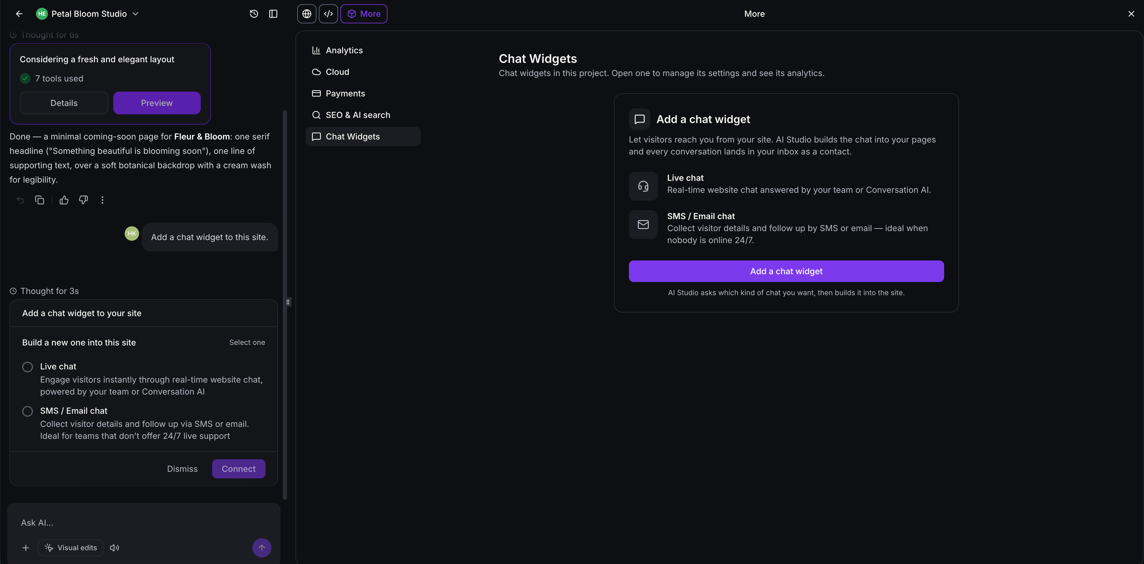 AI Studio offering a choice of Live chat or SMS / Email chat, both in the chat panel and on the Chat Widgets page