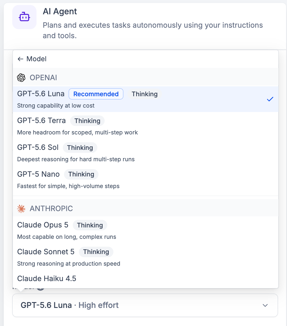 The model dropdown in the AI Agent action showing Anthropic, Google and OpenAI models grouped by provider