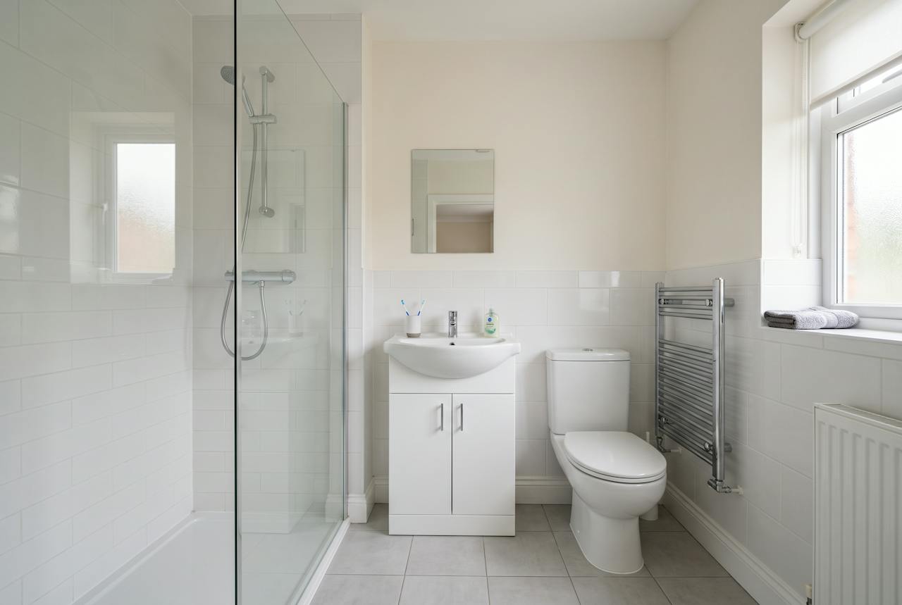 A newly fitted white family bathroom with a walk-in shower