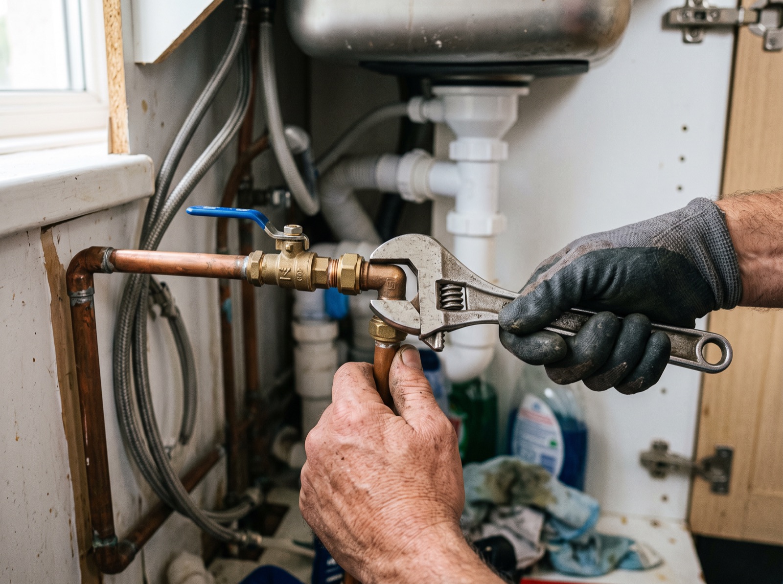 A plumber tightening a pipe fitting under a sink