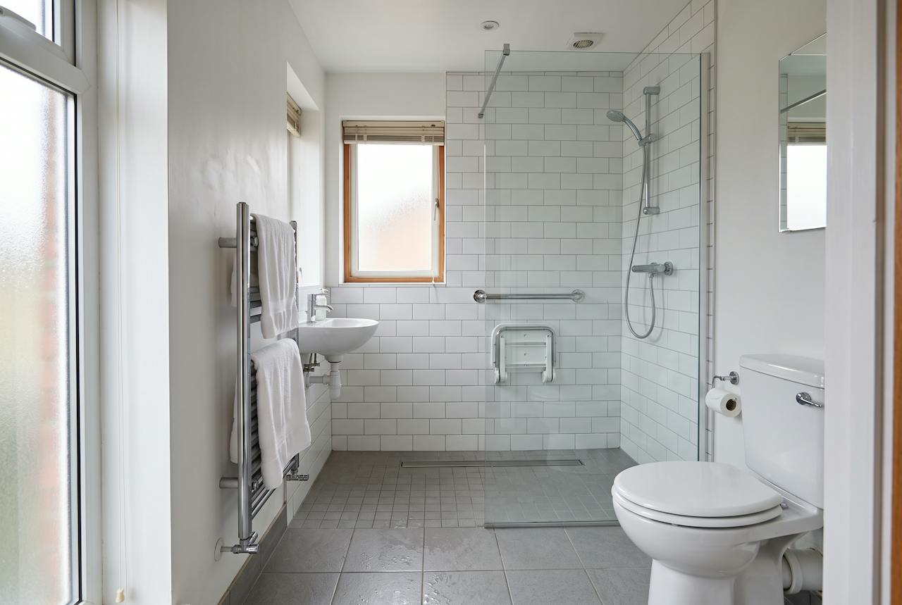 A step-free wet room with a slim floor drain
