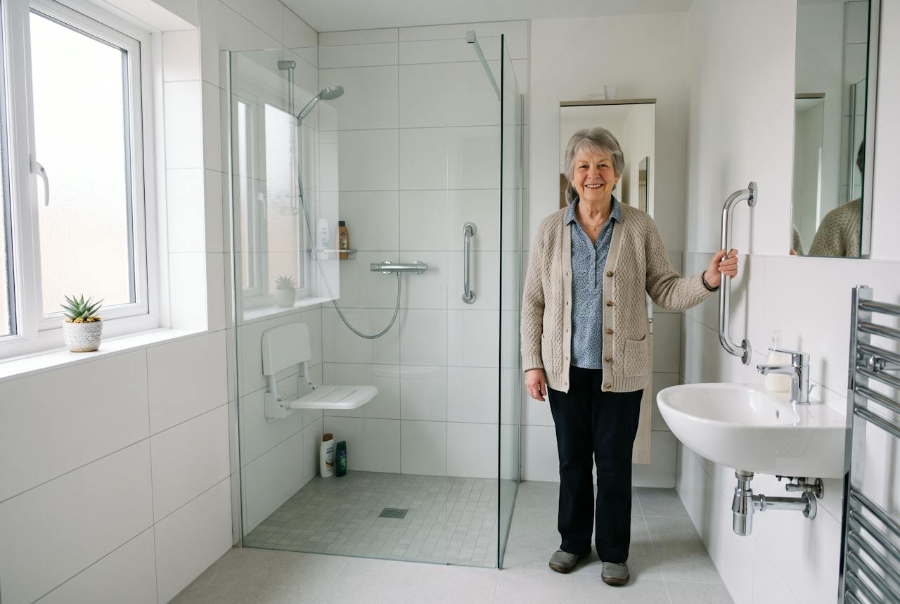 An accessible walk-in shower with a grab rail and seat