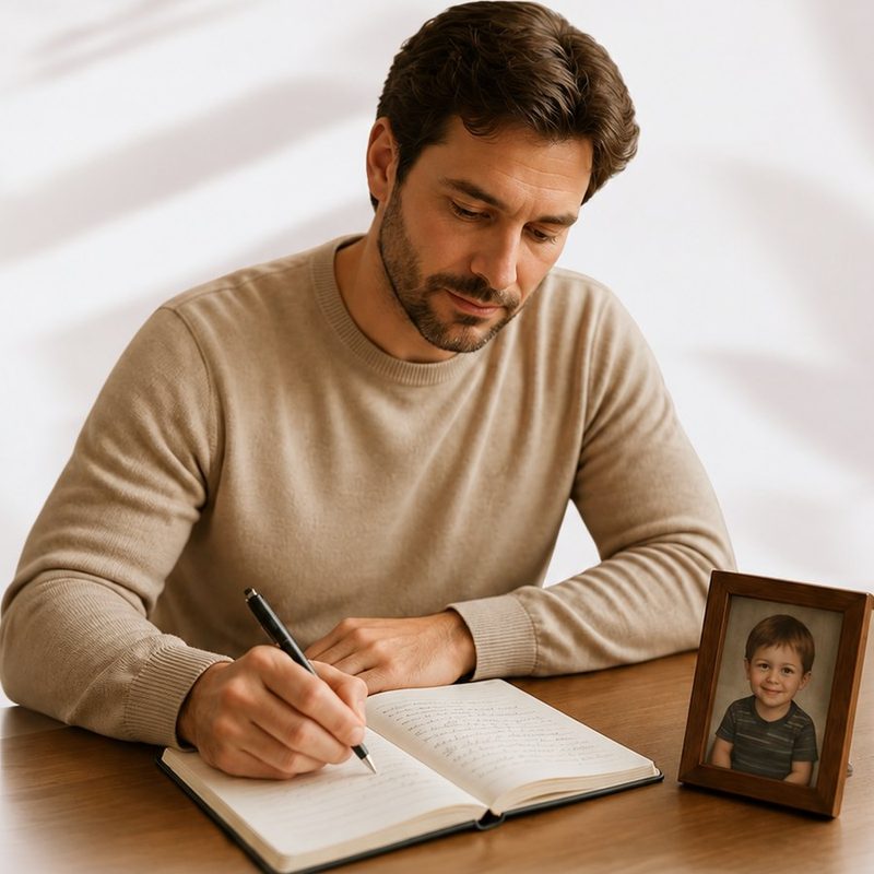 Man writing in a journal beside a childhood photo, for the Inner Child Letter Starter Kit