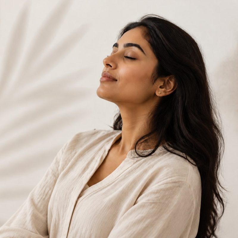 Woman taking a calming breath with her eyes closed, for The Trigger Reset Guide