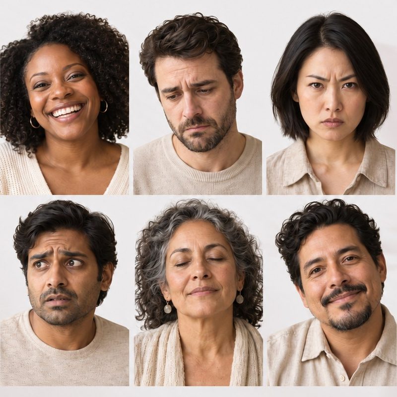 Grid of six faces showing different emotions, for the Feelings Chart