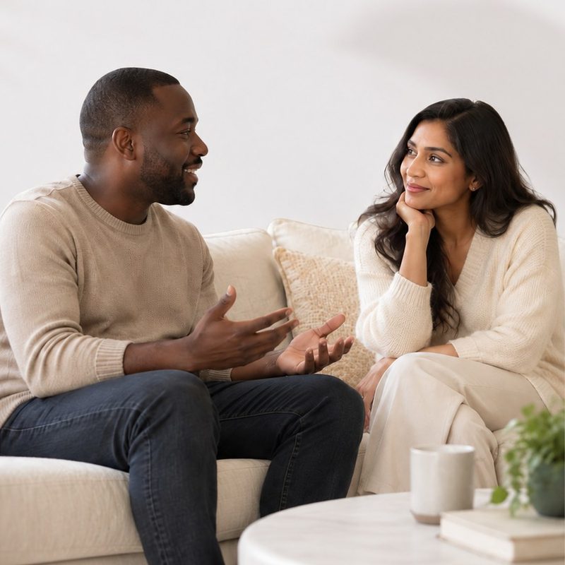 Couple talking calmly on a sofa, for the Secure Communication Cheat Sheet