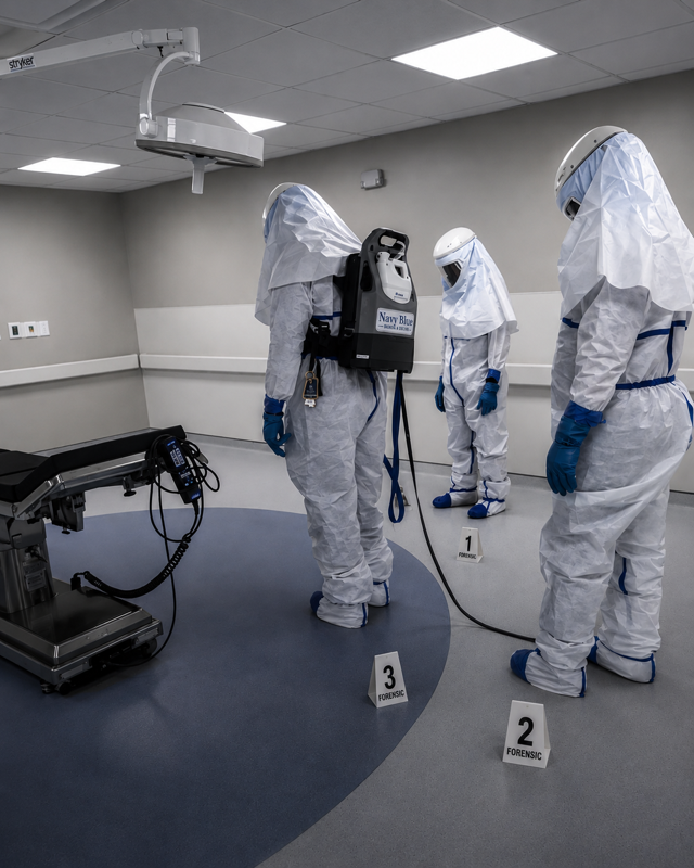 Biohazard response technicians in protective equipment
