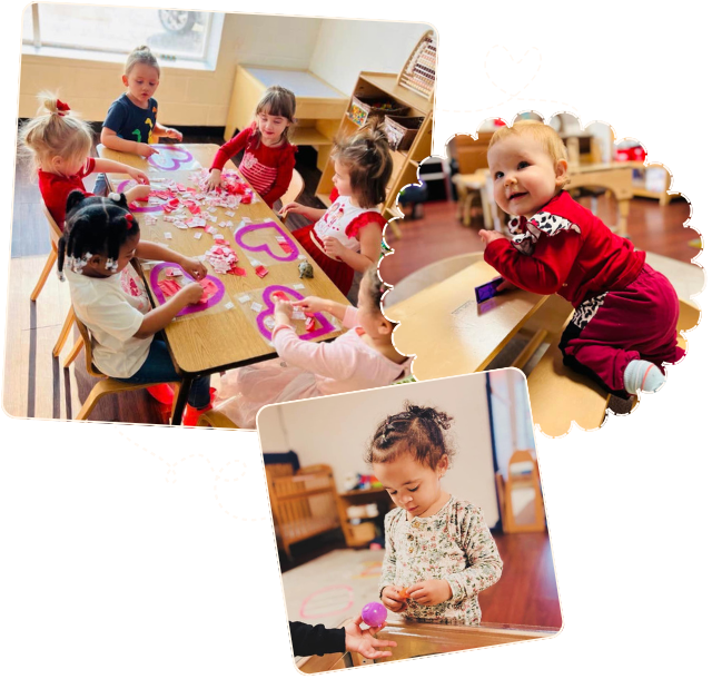 collage of images with children sat around tables