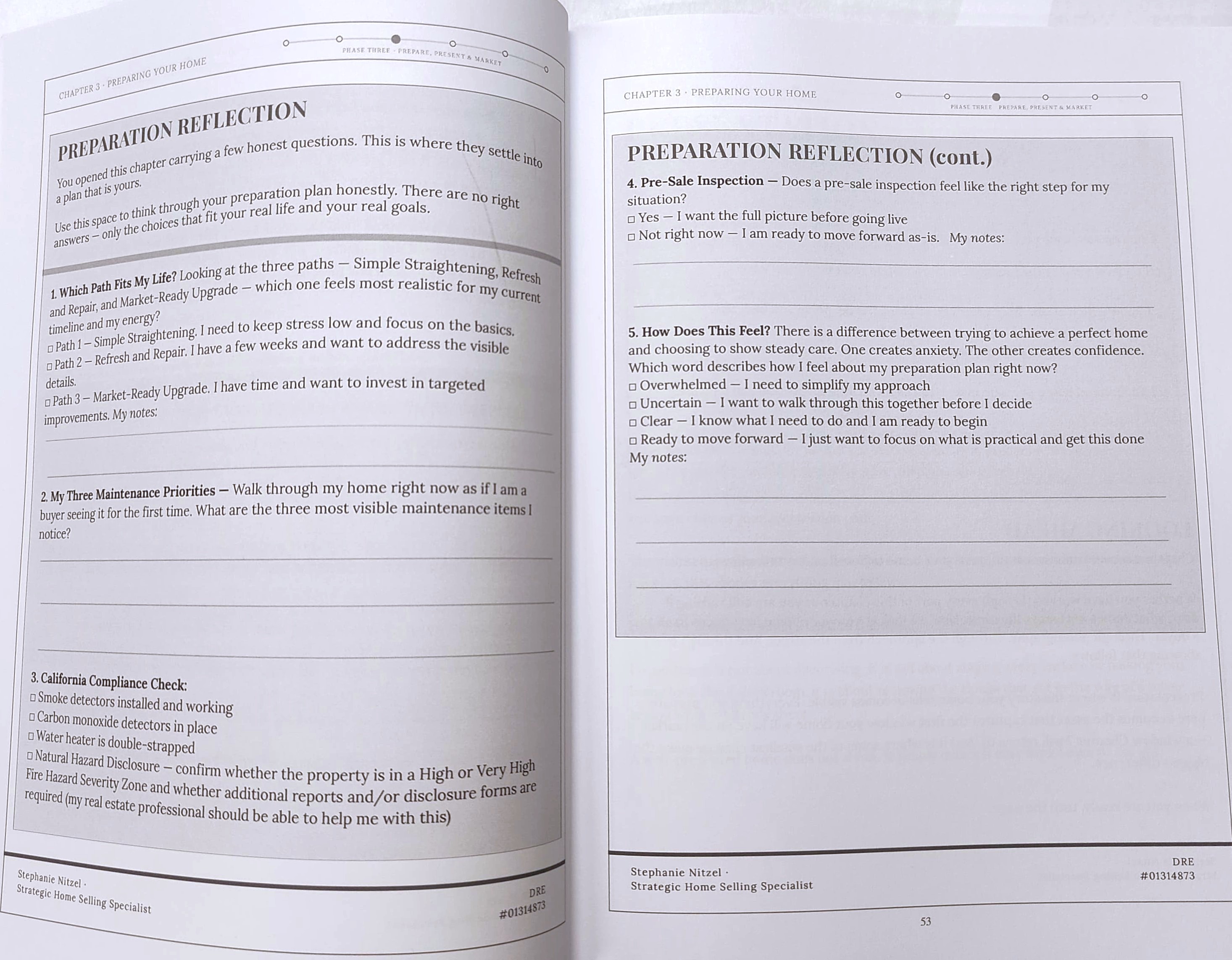 The Informed Homeowner workbook, open to a reflection page