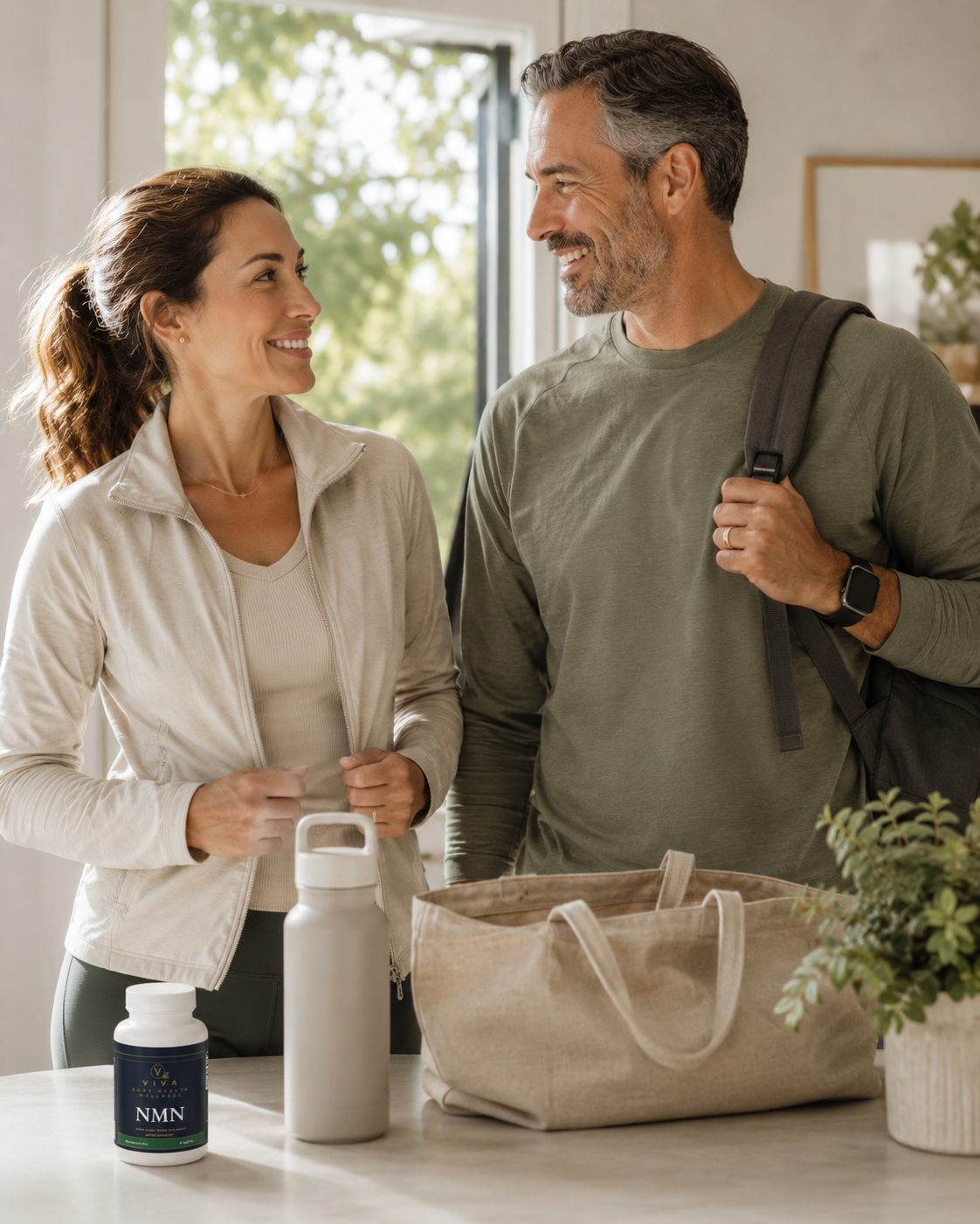 An active couple preparing for their day with a Viva Body Health NMN bottle on the counter