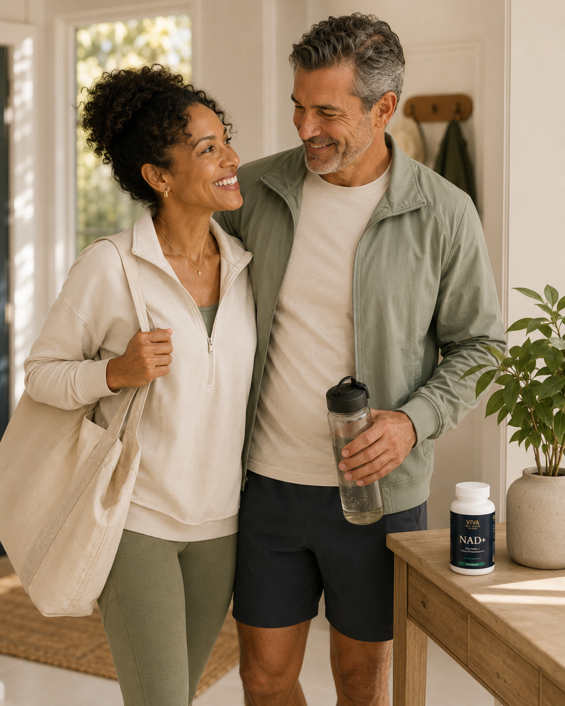 Adults preparing for an active day with Viva Body Health NAD+ nearby