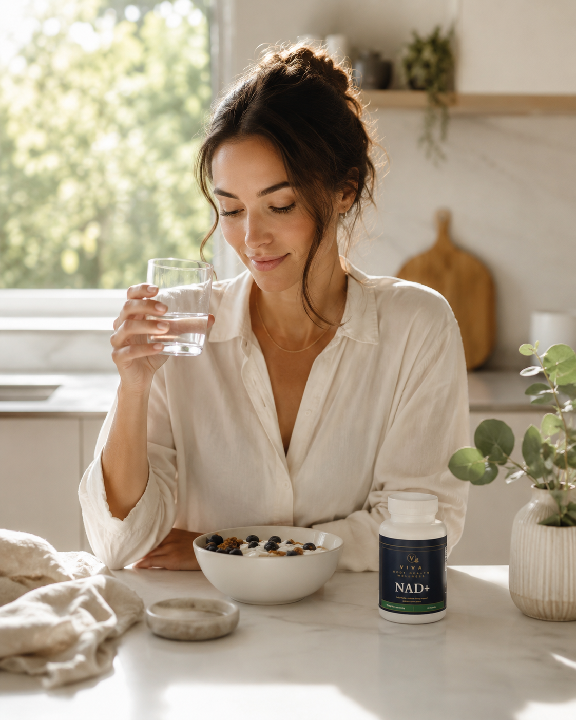 An adult making Viva Body Health NAD+ part of a daily routine