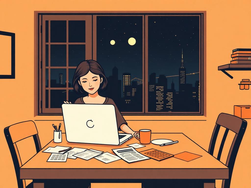 A spouse working on the business books at the kitchen table at night