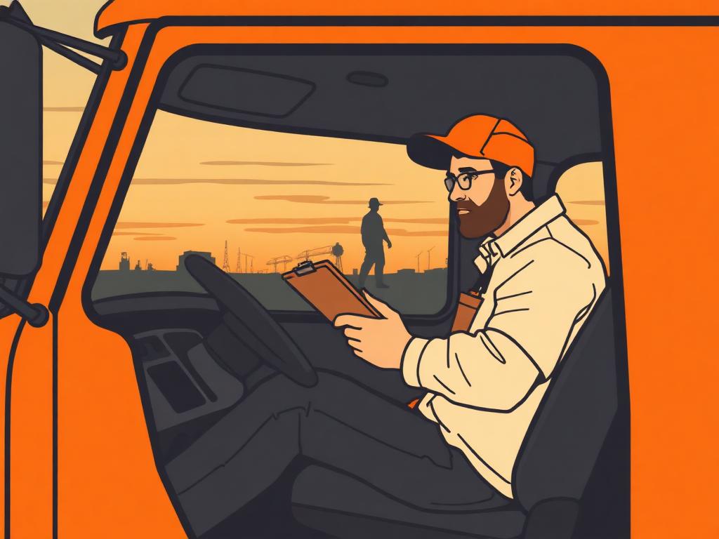 A business owner doing paperwork on the dashboard of his work truck