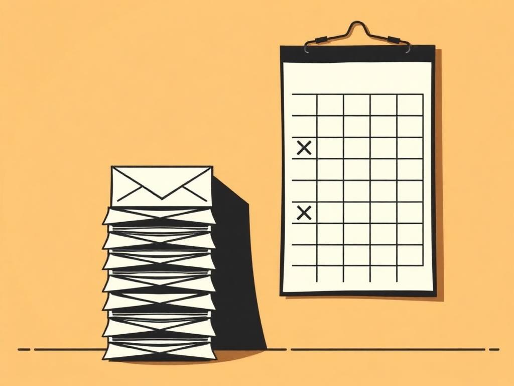 A stack of unopened envelopes beside a wall calendar with months crossed off