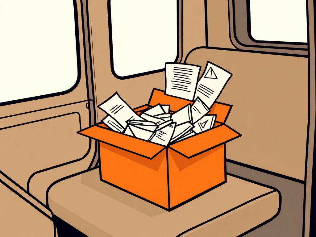 A shoebox overflowing with unsorted receipts on a work truck seat