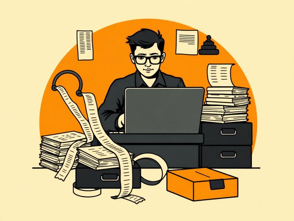 A bookkeeper at a laptop surrounded by receipt tapes and spreadsheets