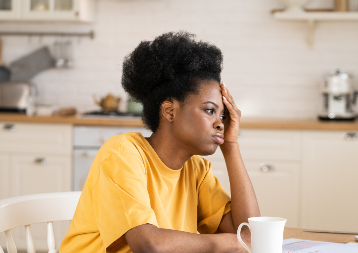 Women sitting at her kitchen table thinking about decluttering help Women sitting at her kitchen table thinking about decluttering help