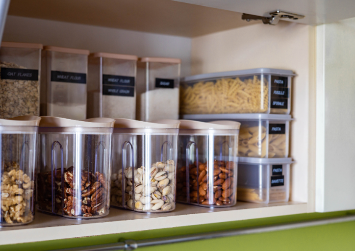 Clear containers help you see what you have in your kitchen pantry. Clear containers help you see what you have in your kitchen pantry.