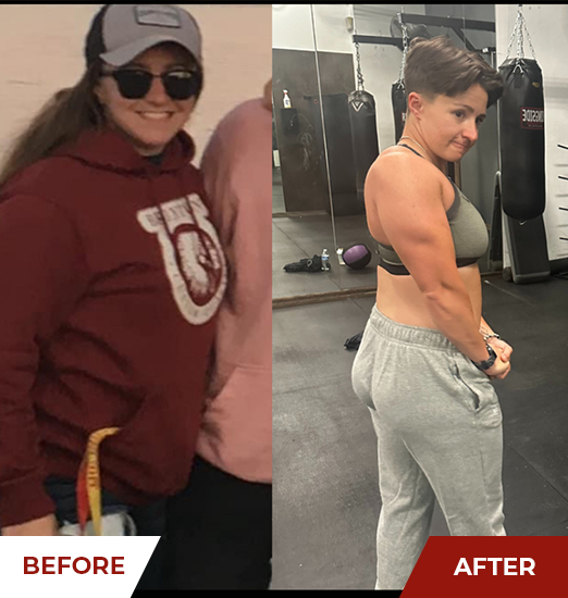 Client before in a hoodie and after in the gym
