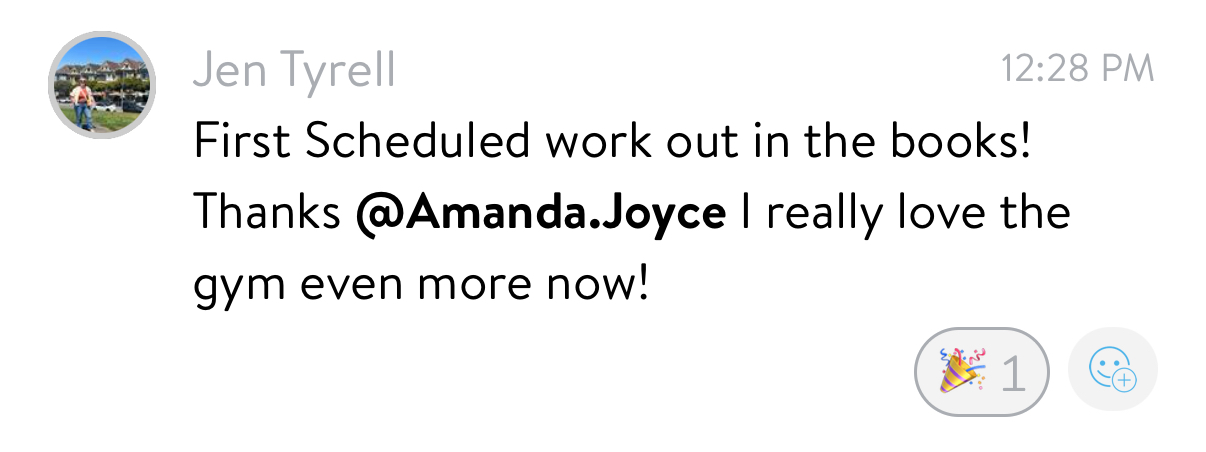 Jen: First scheduled workout in the books! I really love the gym even more now