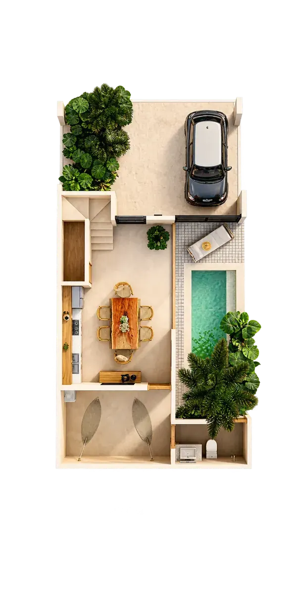 Plano 3D de distribución — Planta baja