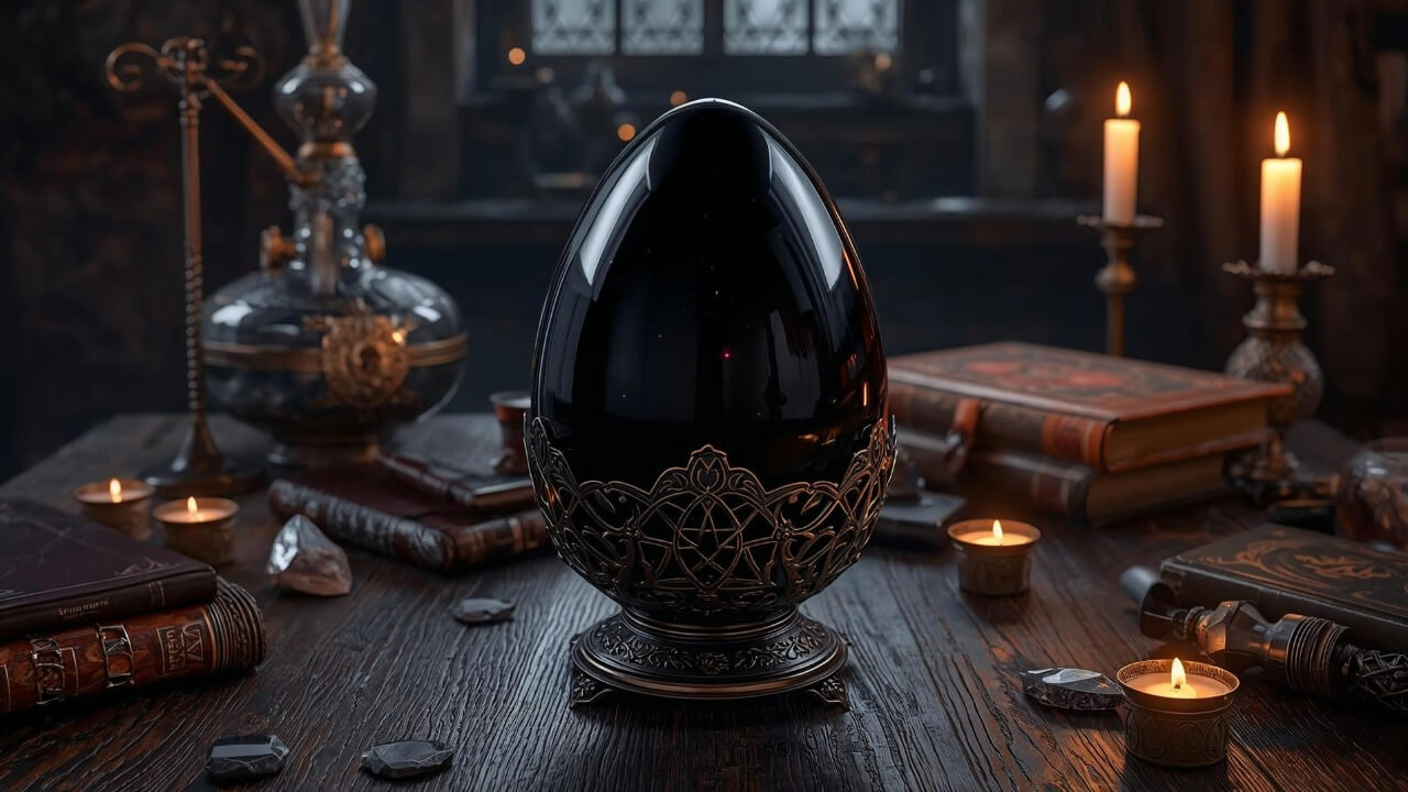 Het Obsidiaan Ei teambuildingspel op tafel met mysterieuze symbolen en alchemistische details