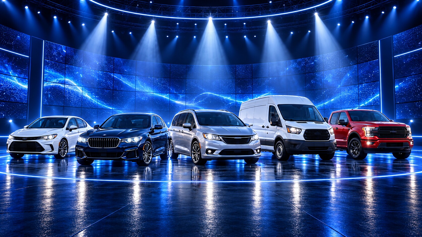 Five vehicles under powerful blue spotlights inside a digital event arena